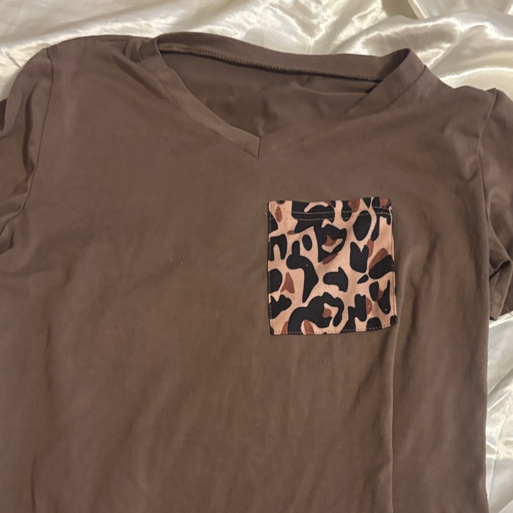 Brown V-Neck Top with Leopard Print Pocket